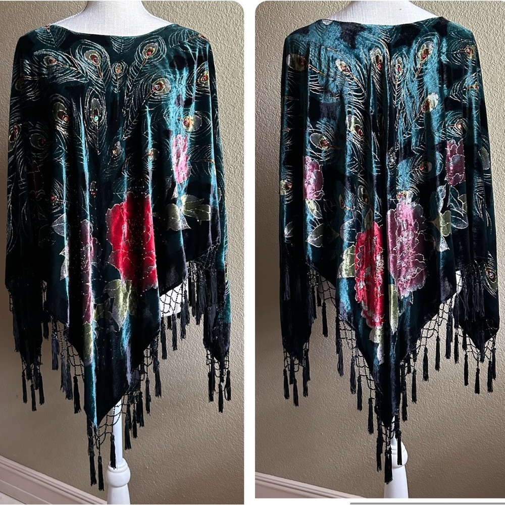 Vintage Coldwater Creek Velvet Floral Peacock Sequins Beaded Fringe Poncho